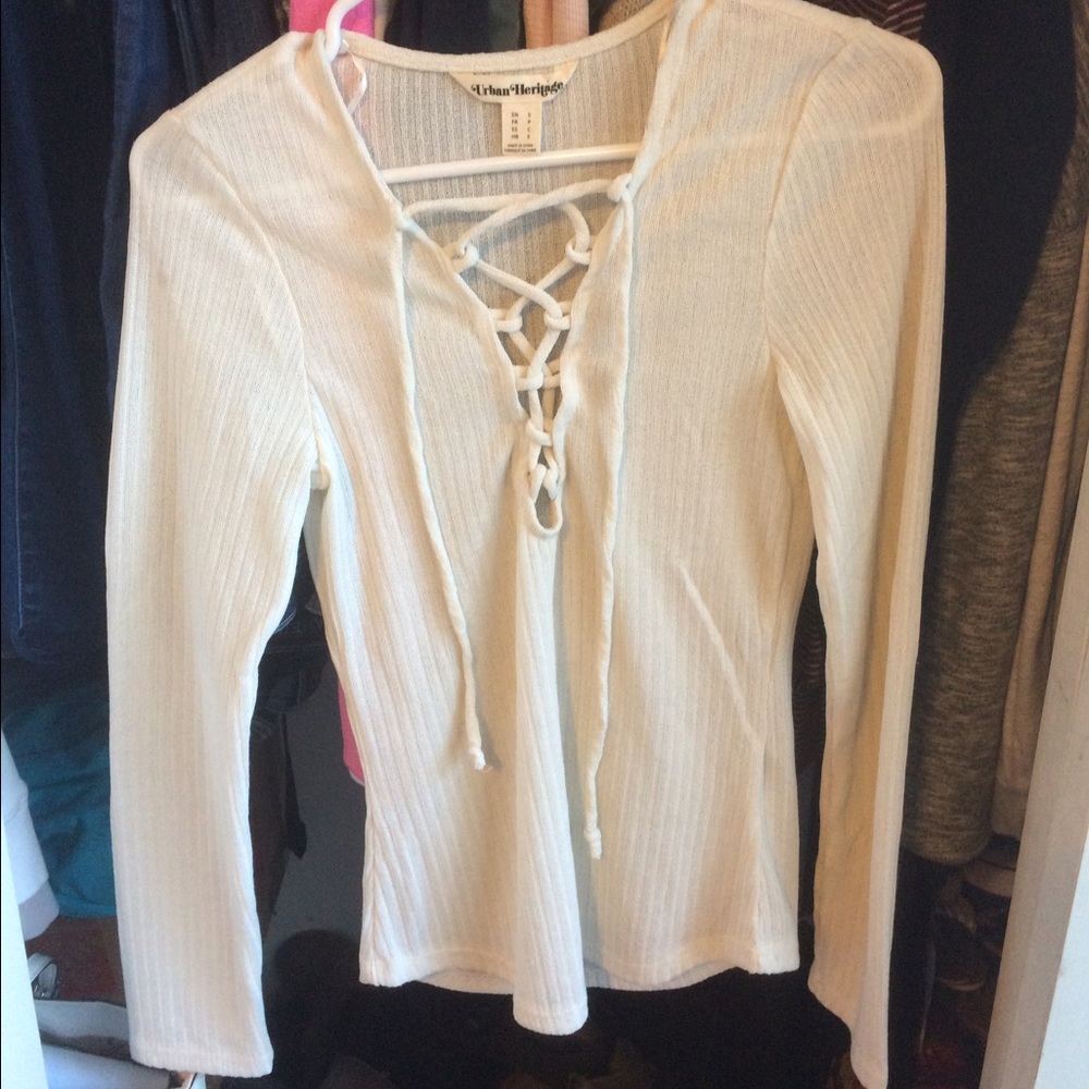 cute cream color long sleeve lace up top
