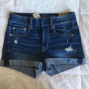Medium wash, distressed, cuffed, high rise shorts