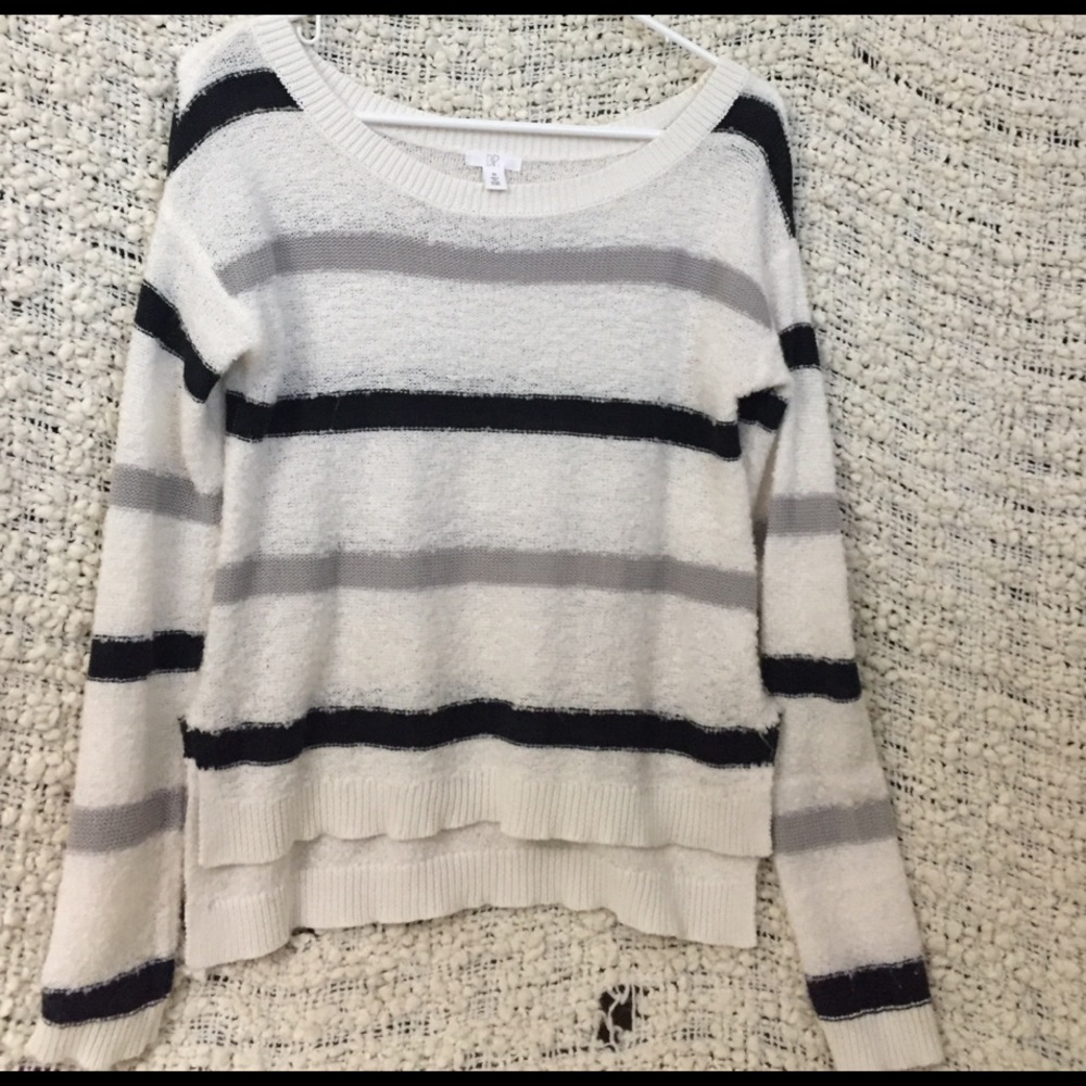 Black, grey, white striped sweater