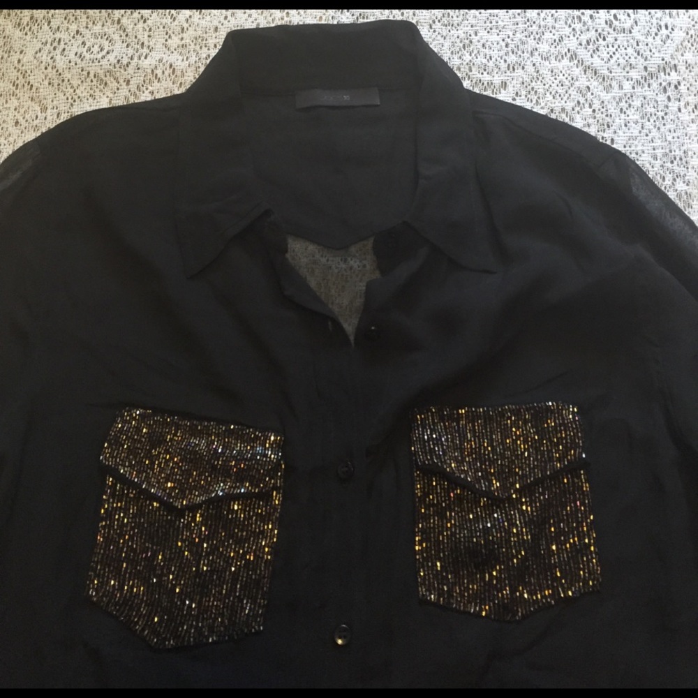 LN Beaded Pocket Sheer Button Down