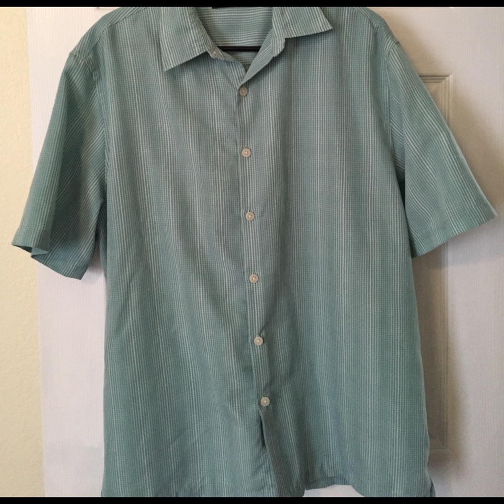Men's green and white striped button up shirt.