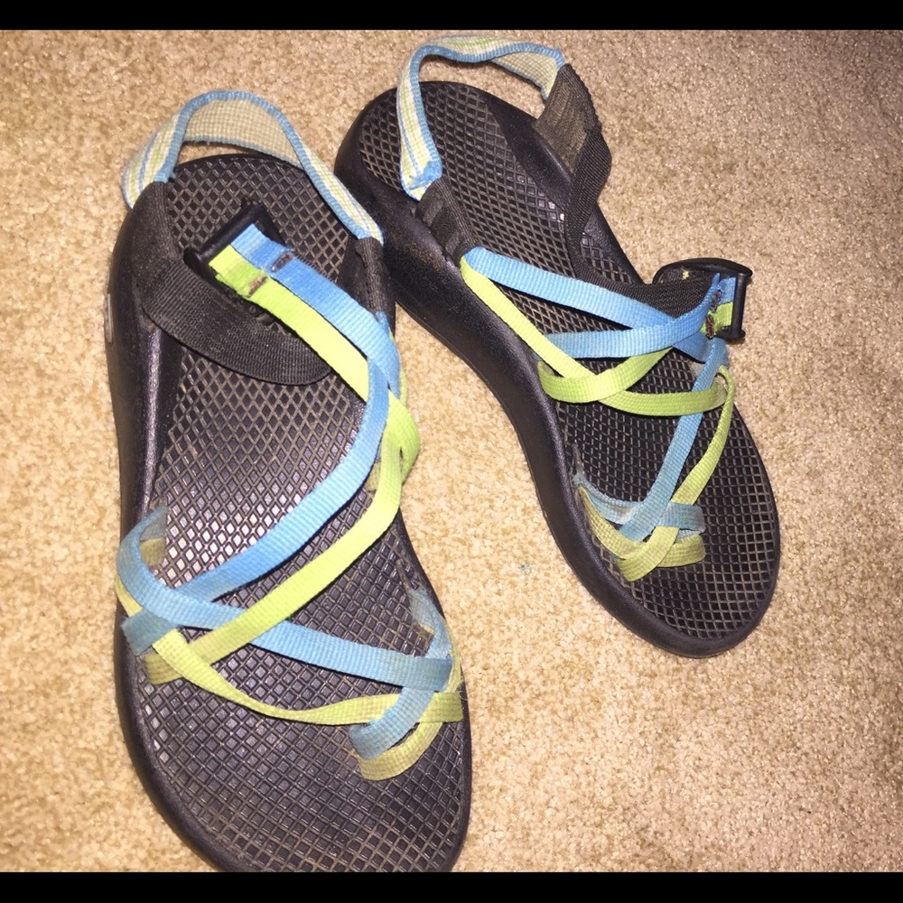 Green and blue chacos
