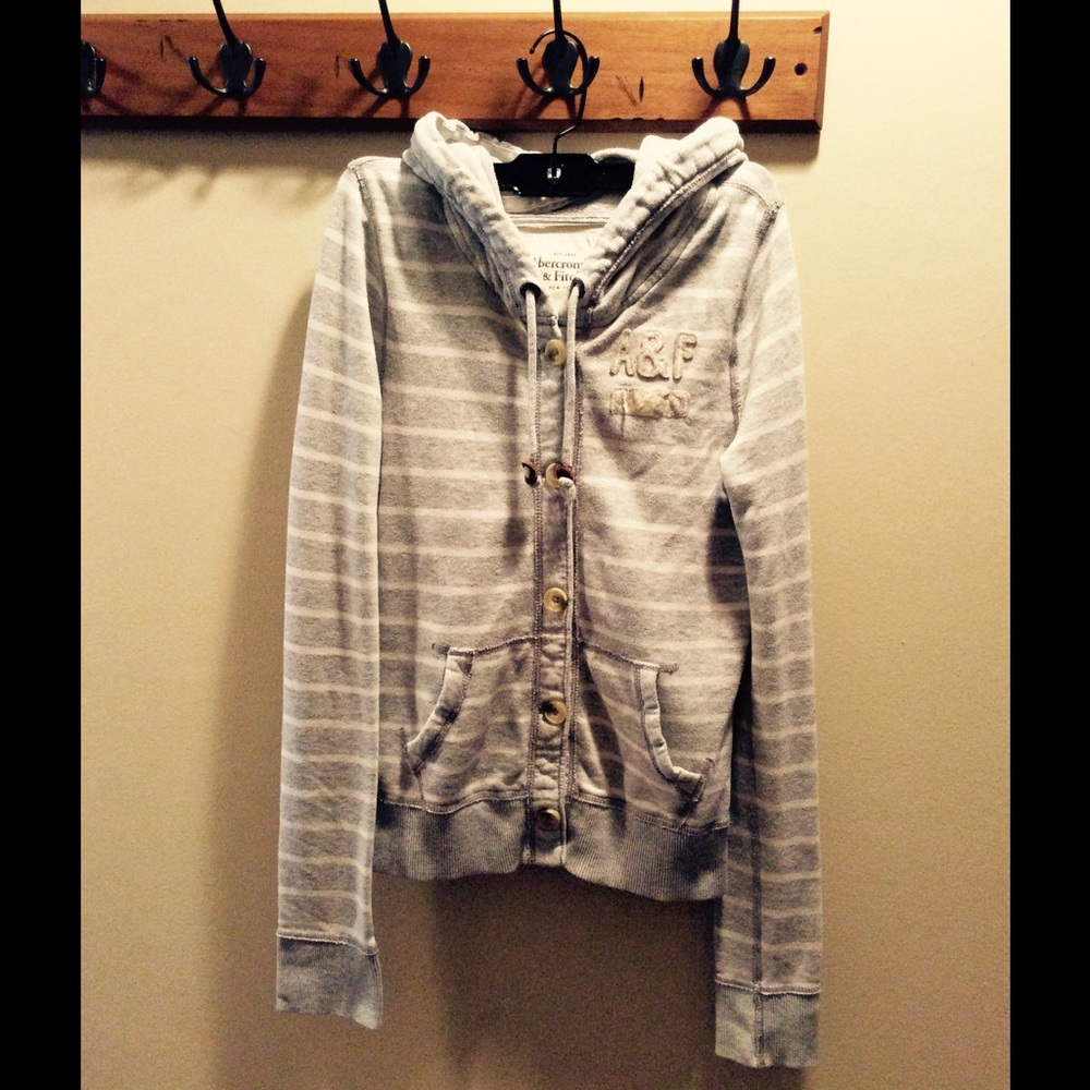 Grey / White Striped Abercrombie and Fitch Hoodie