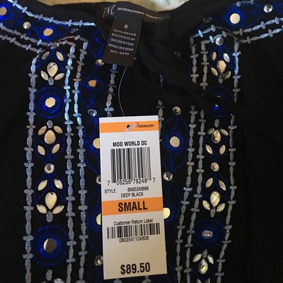 INC Black and blue boho style cold shoulder top - Picture 6 of 6