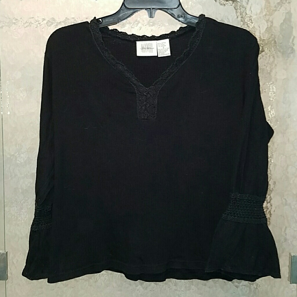 Vintage Black Peasant Top with Crochet Detail