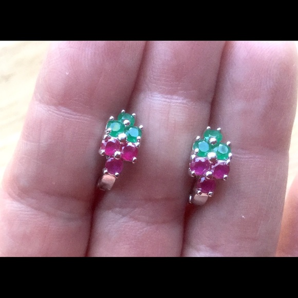 Other - Genuine Ruby and Emerald 9K White Gold Earrings.