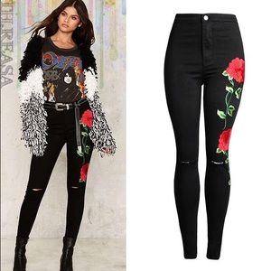 Embroidered Rose print Jeans
