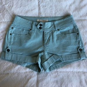 Mint blue / sage cuffed denim shorts