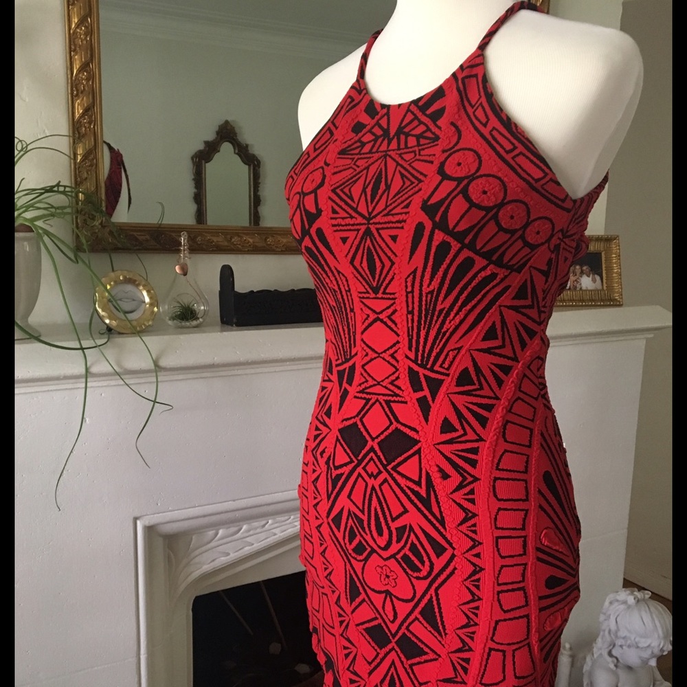 Red & Black skin tight open back dress - Size S