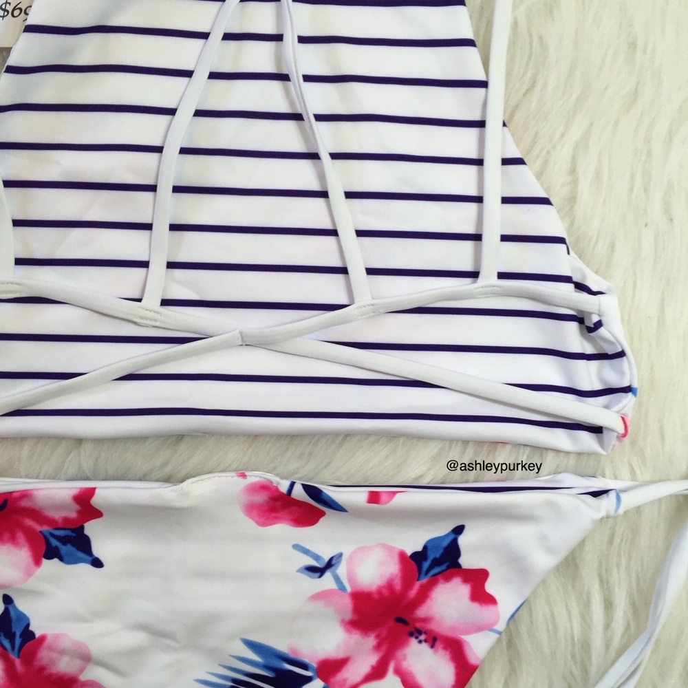 Pink & white floral strappy high neck bikini set - Picture 4 of 5