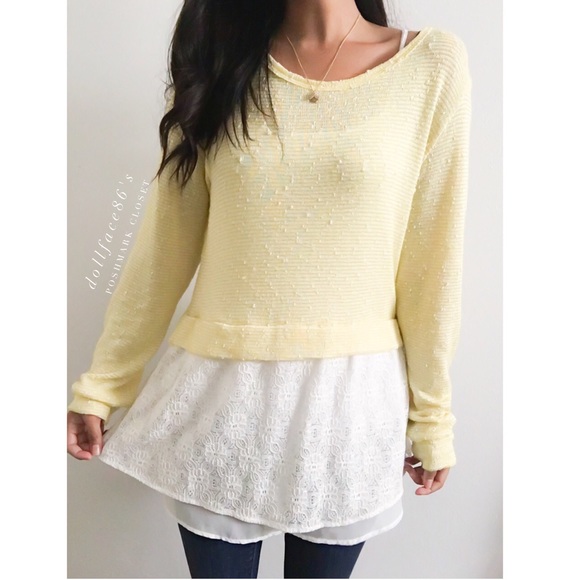 Anthropologie Sweaters - Anthropologie Yellow +White Lace Sweater
