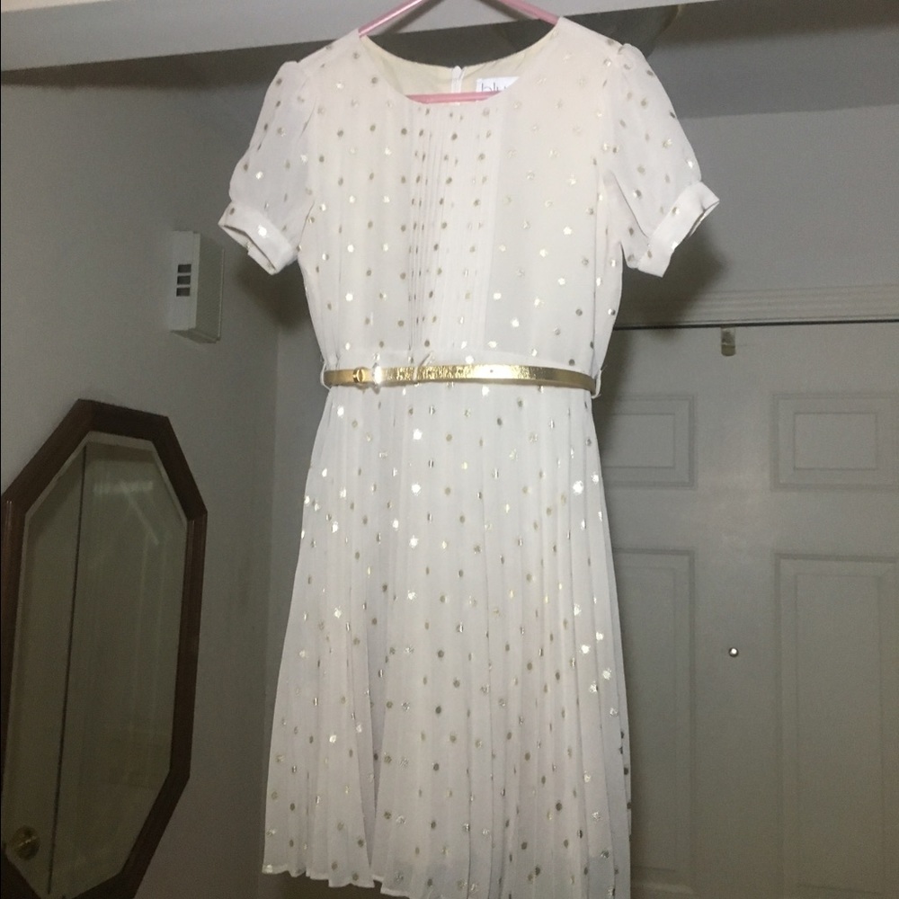 Kids Ivory & gold polka dot dress w/ belt