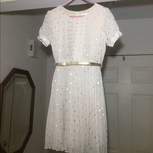 Kids Ivory & gold polka dot dress w/ belt