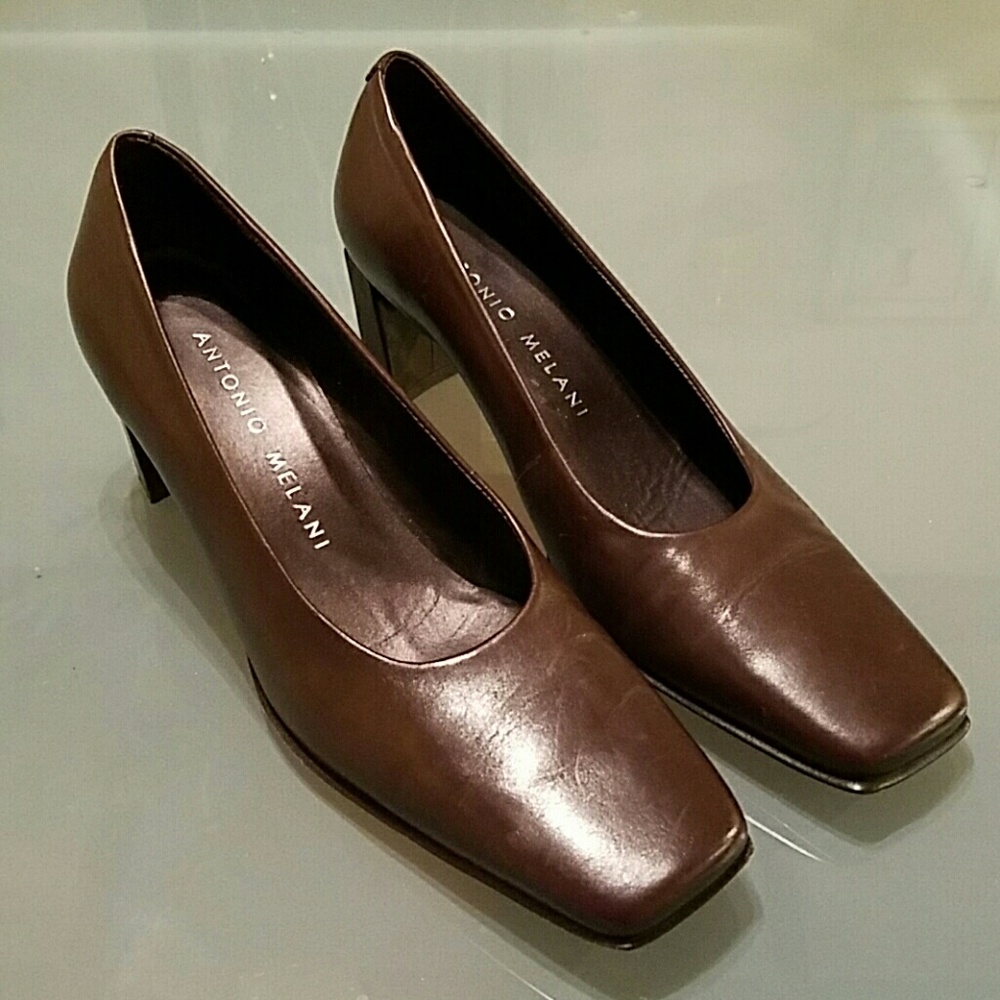 Antonio Melani Brown Square-Toe Block-Heel Pumps