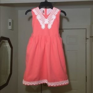Kids Salmon dress w/ ivory lace details & tie sash