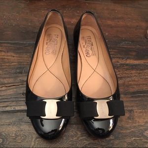 Ferragamo Varina Black Patent Flats, 5.5 B