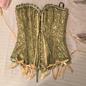 Green and yellow corset with ties and boning