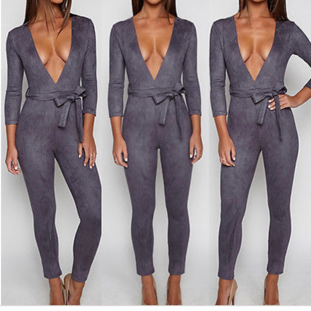 Dark grey deep v- neck romper jumpsuit