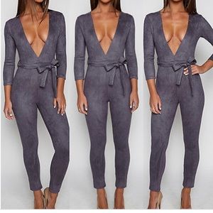 Dark grey deep v- neck romper jumpsuit