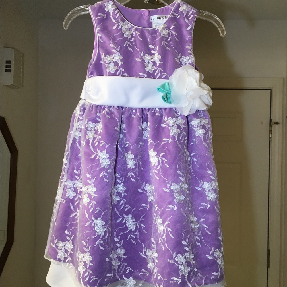 Kids Purple dress w floral print tulle & flower