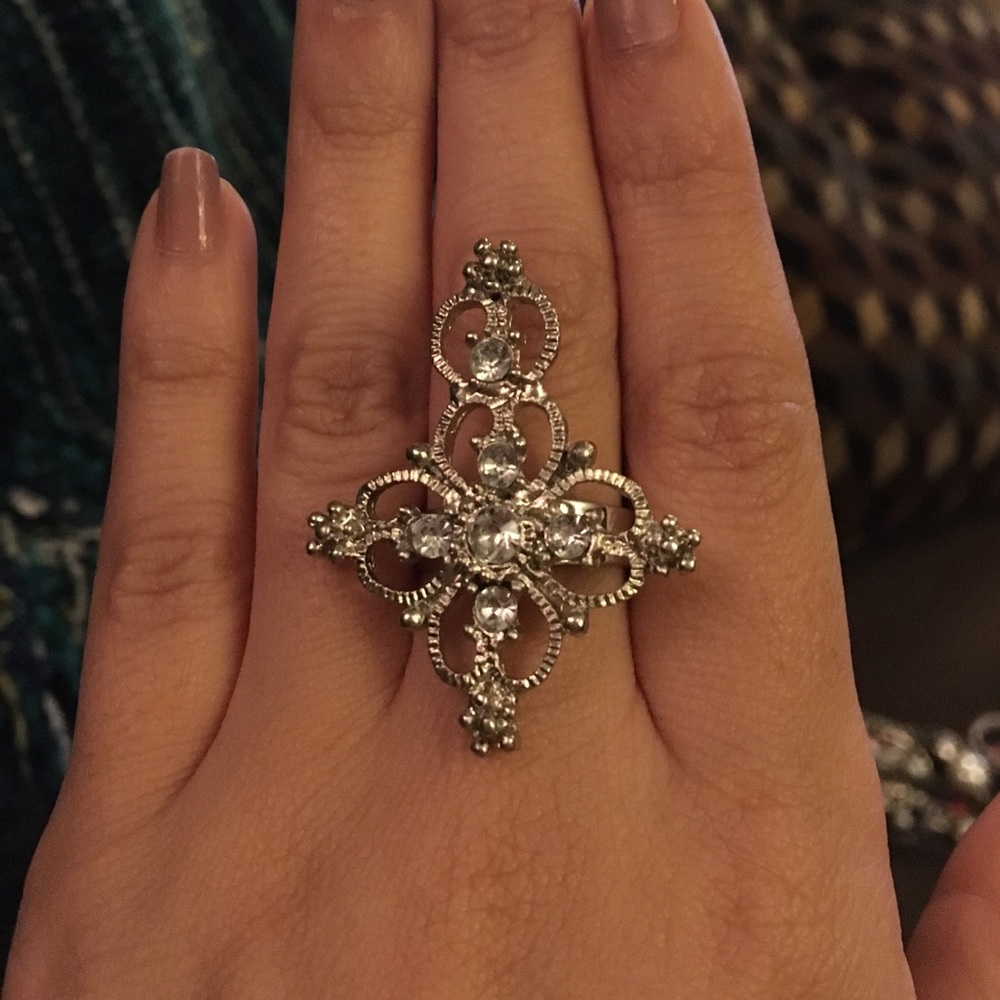 Silver and crystal cross ring