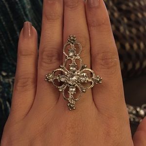 Silver and crystal cross ring
