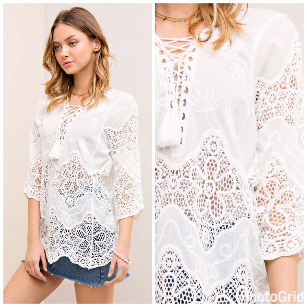 Beautiful white crochet tunic - lace up - Picture 3 of 4