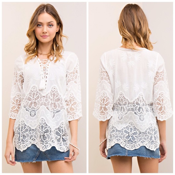 Beautiful white crochet tunic - lace up - Picture 2 of 4