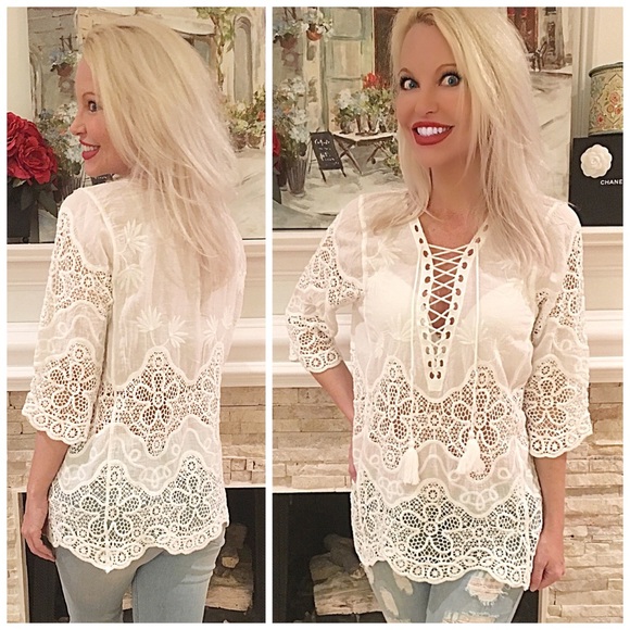 Beautiful white crochet tunic - lace up - Picture 4 of 4