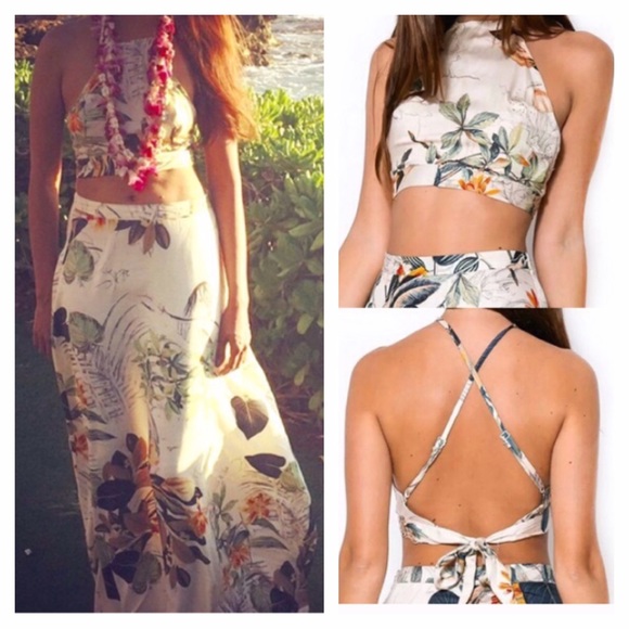 2 Piece Crop Top Maxi Skirt Tropical Floral Tiki - Picture 3 of 6