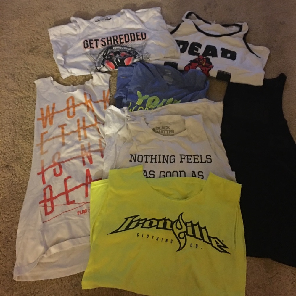Lot of 7 workout shirts 3 are cut offs (custom)