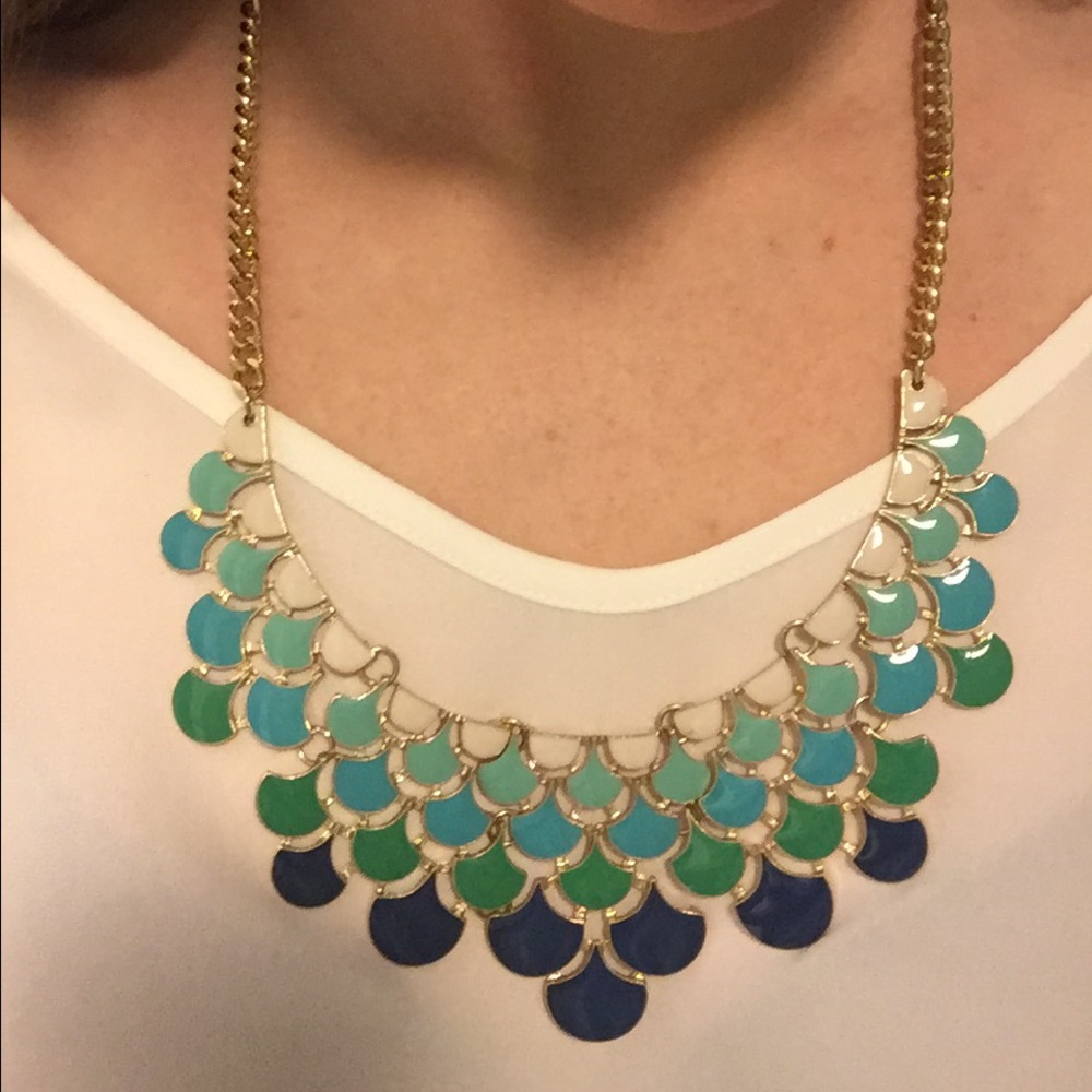 Statement necklace, gold w white/blue/teal enamel