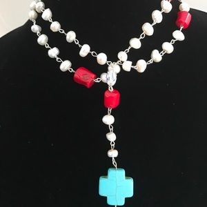 Crucifix necklace. Handmade. Water pears. Coral.
