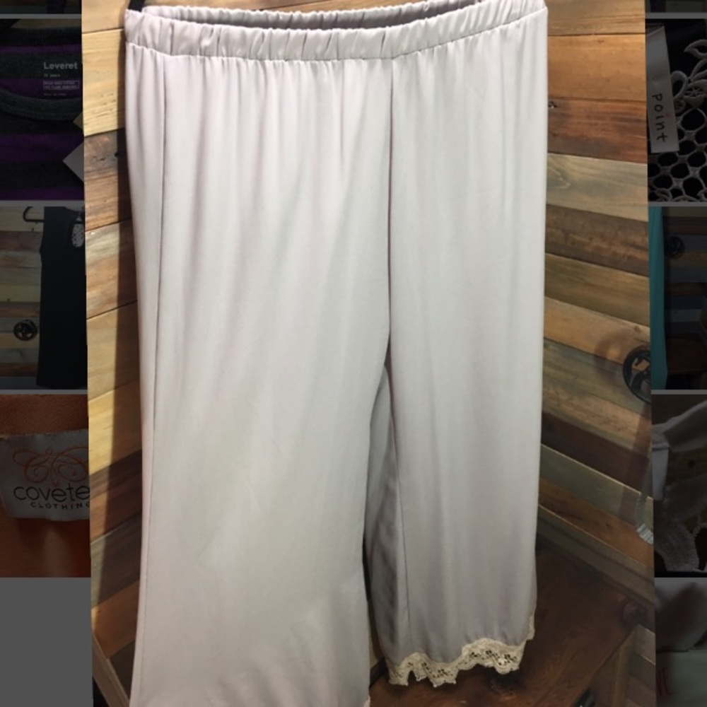 Long gray palazzo pants with cream crochet trim