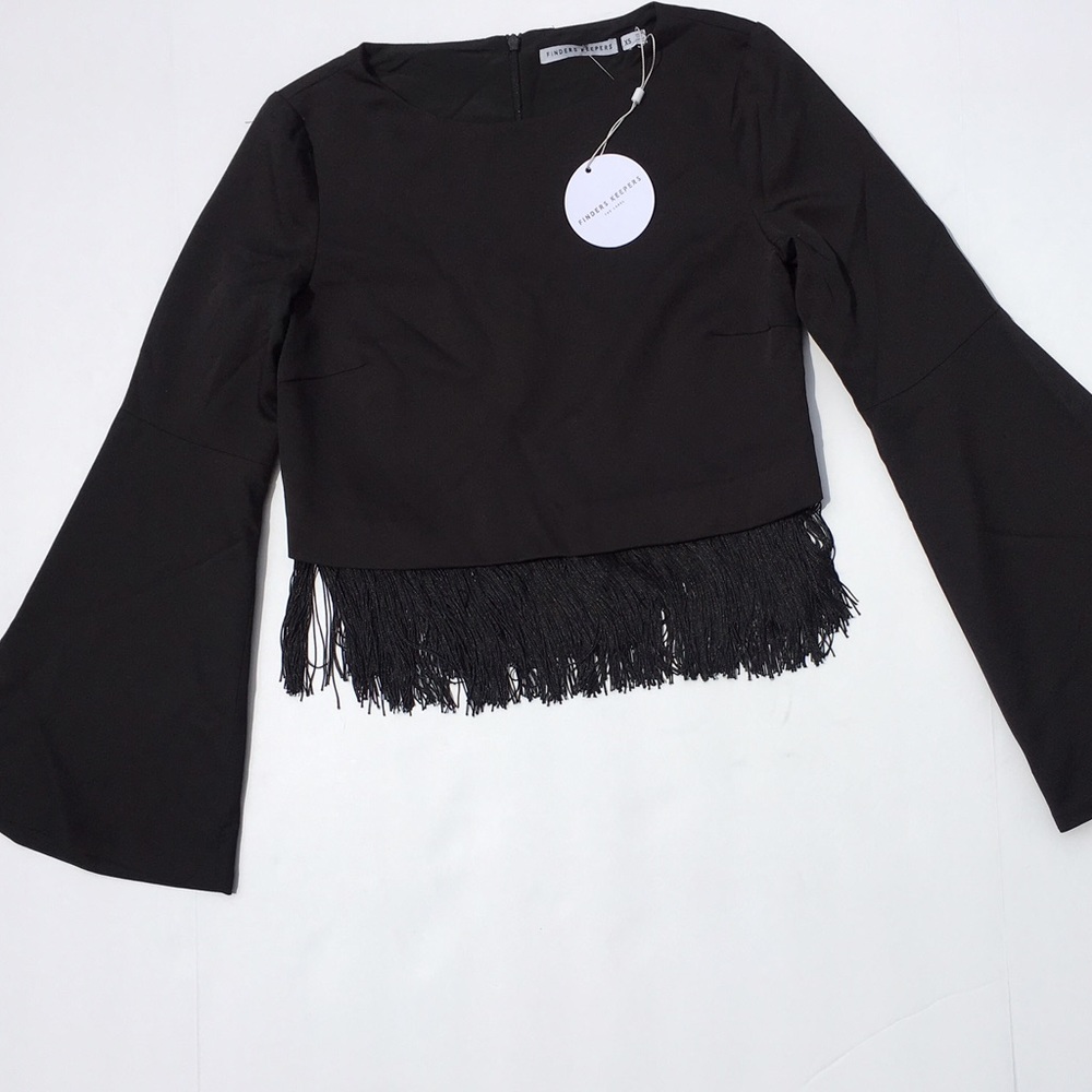 "Vertigo" Black Fringe Crop Top w/ Bell Sleeves - Picture 4 of 7