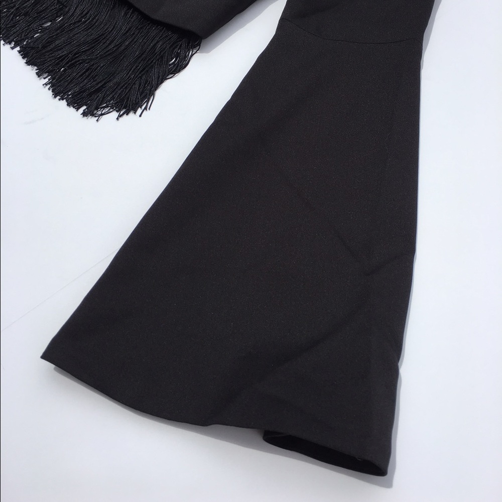 "Vertigo" Black Fringe Crop Top w/ Bell Sleeves - Picture 5 of 7