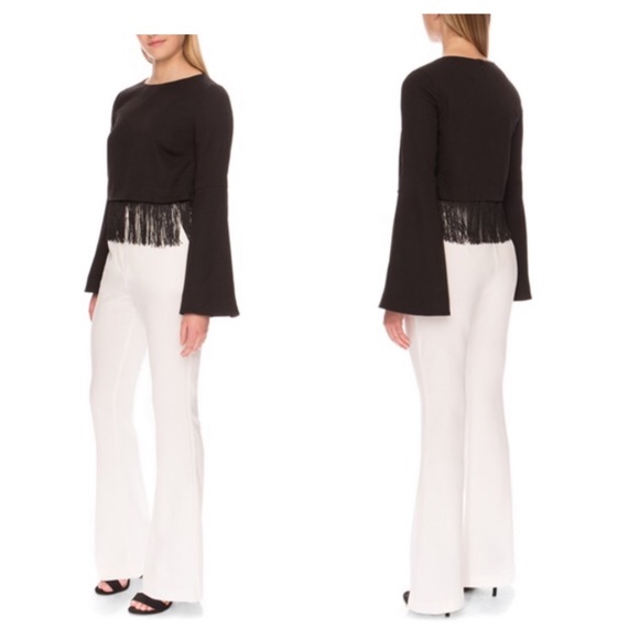 "Vertigo" Black Fringe Crop Top w/ Bell Sleeves - Picture 3 of 7