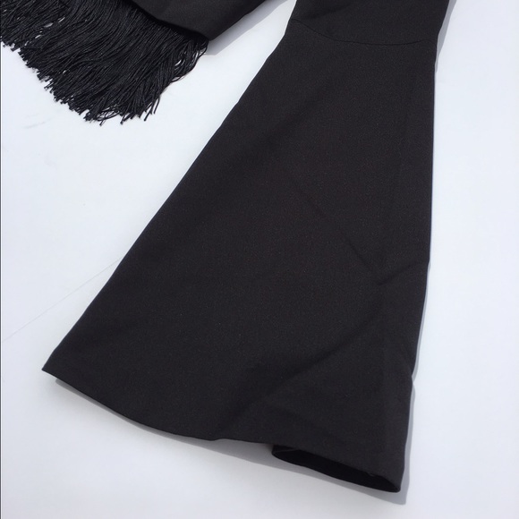 "Vertigo" Black Fringe Crop Top w/ Bell Sleeves - Picture 5 of 7