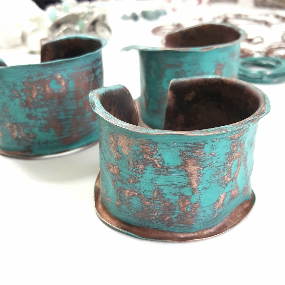 Artisan Boho Turquoise Patina Copper Cuff - Picture 2 of 8
