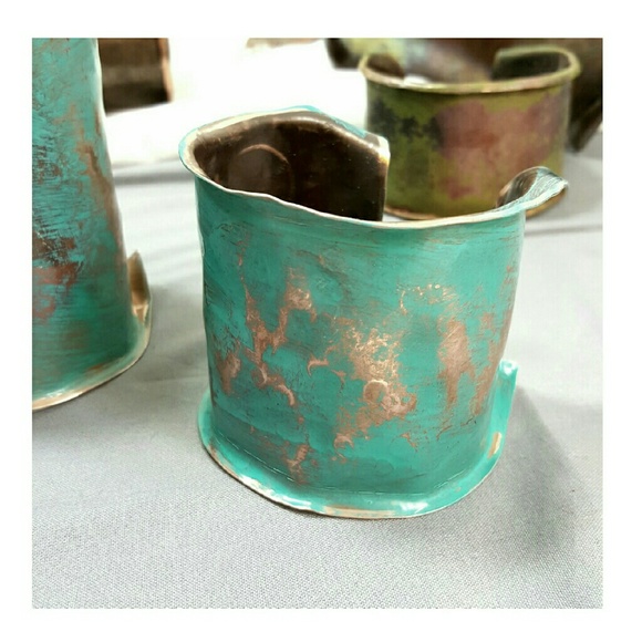 Artisan Boho Turquoise Patina Copper Cuff - Picture 3 of 8
