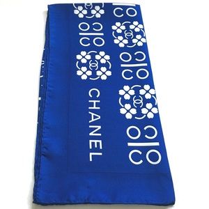 CHANEL Silk Twill 34" Square Scarf in Blue, clover