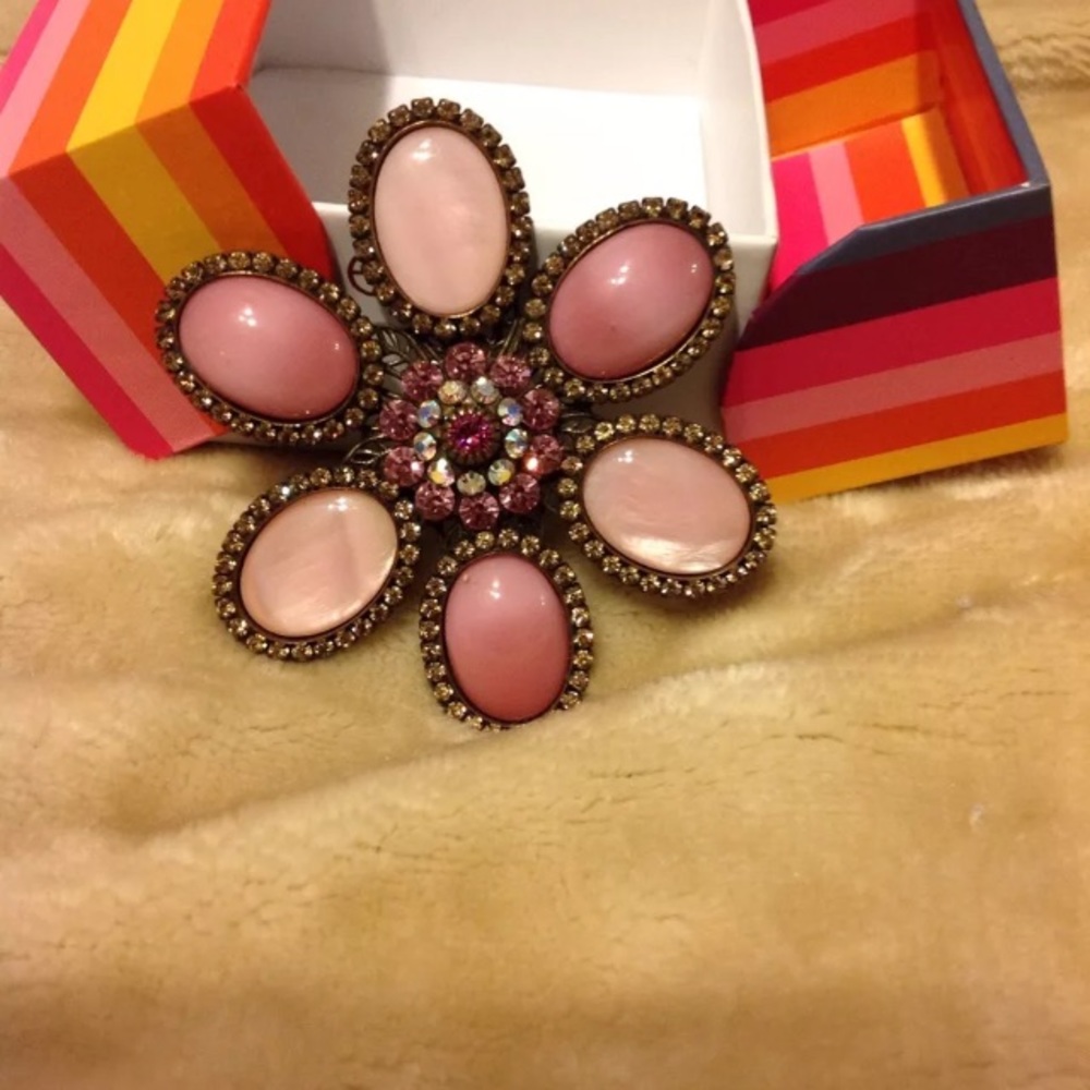 Liz Palacios Pink Flower Brooch with Rhinestones