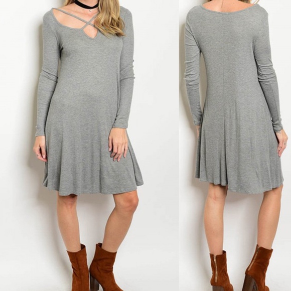 Grey Swing Shift Midi Dress Long Sleeve - Picture 2 of 4