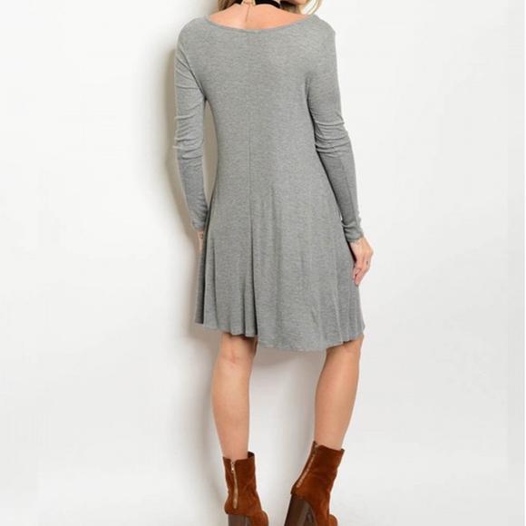 Grey Swing Shift Midi Dress Long Sleeve - Picture 3 of 4