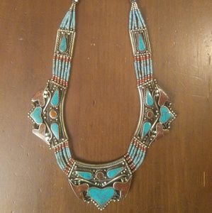 turquoise & coral sterling silver necklace