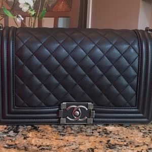 Authentic CHANEL BLACK CALFSKIN OLD MEDIUM BOY RHW