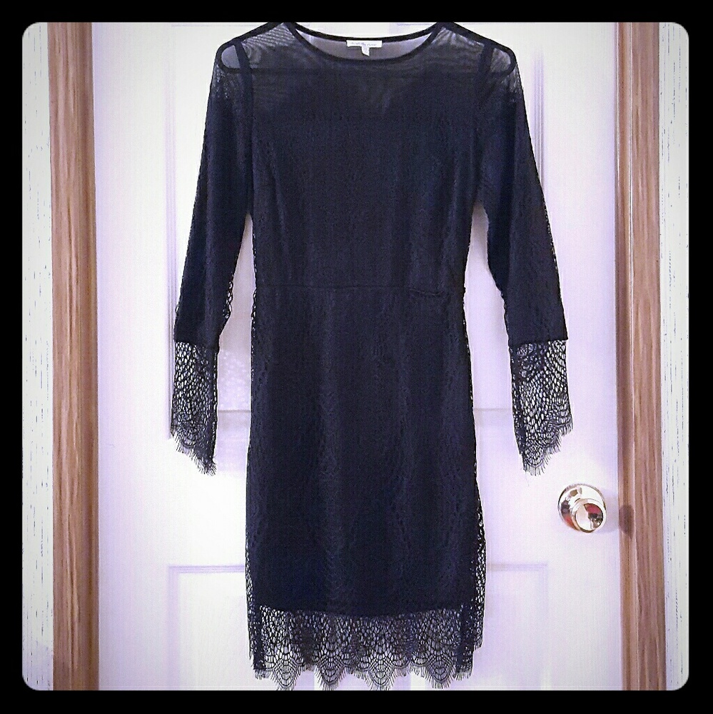 Black 3/4 Sleeve Lace Overlay Dress
