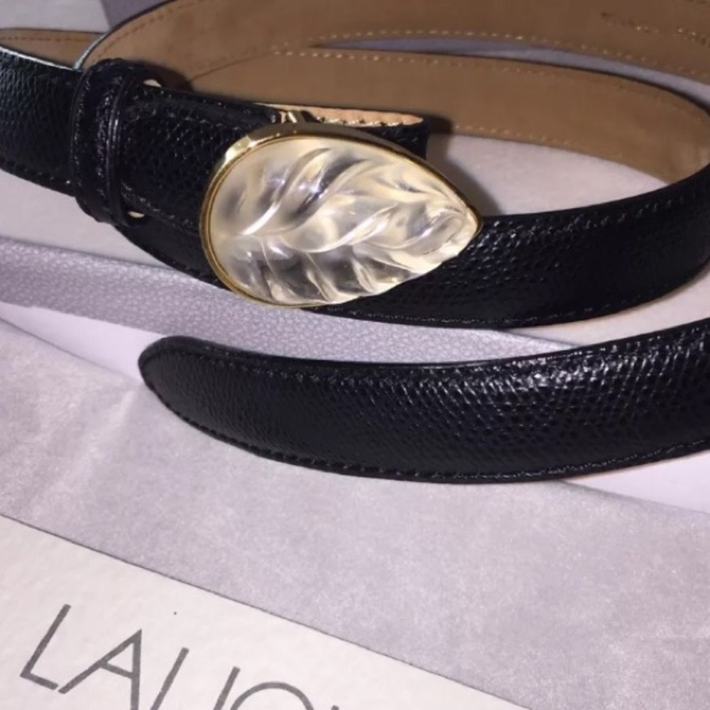 Lalique France Crystal Leaf Black leather 40" Belt