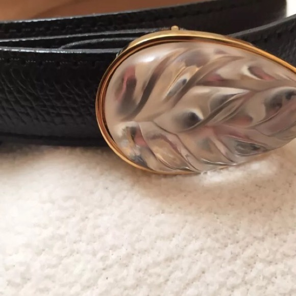 Lalique France Crystal Leaf Black leather 40\