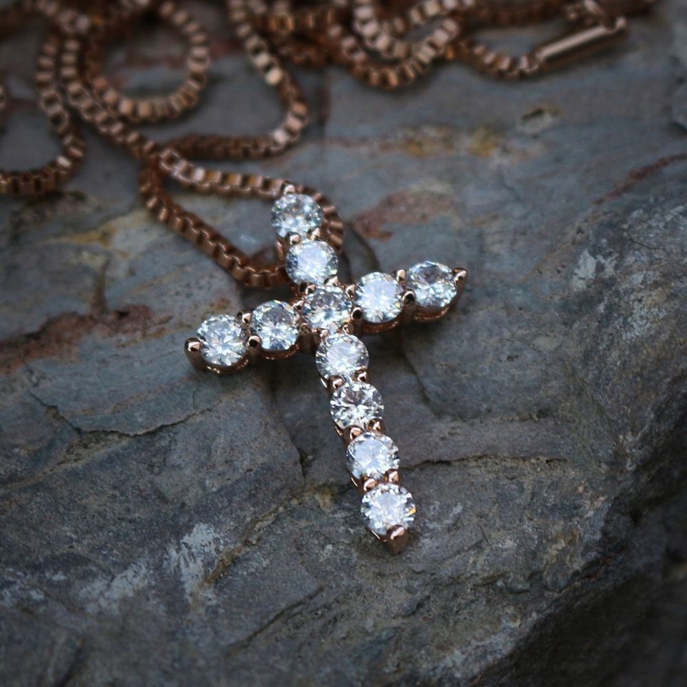 Mini lab diamond rose gold cross necklace